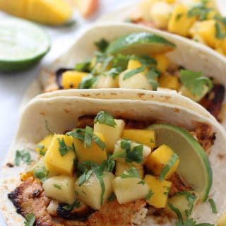 Three Fish Tacos with Mango Peach Salsa