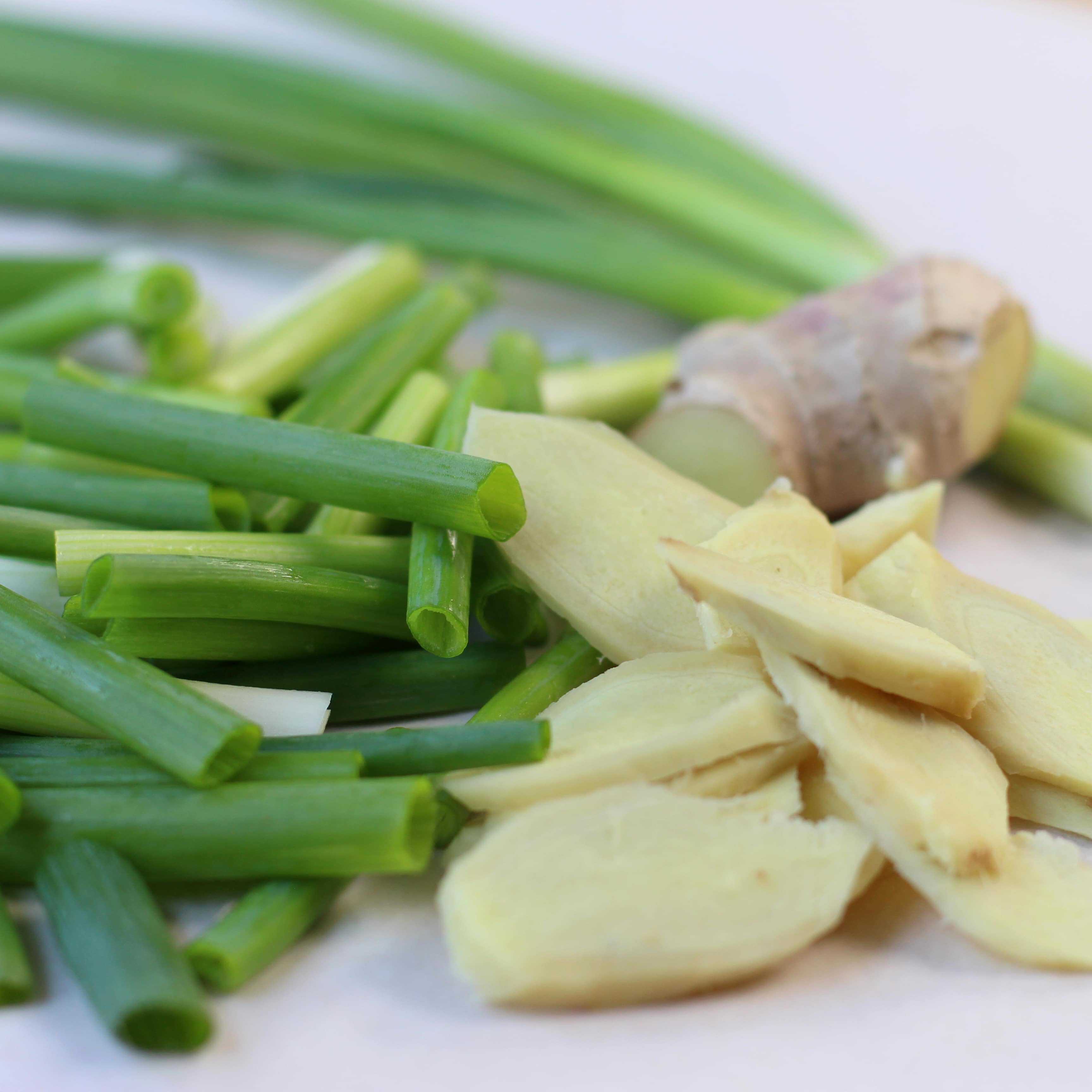Sliced ginger and scallions