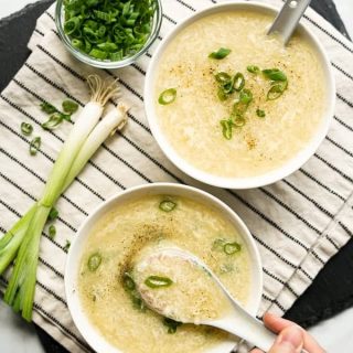 Top down view of two bowls of soup