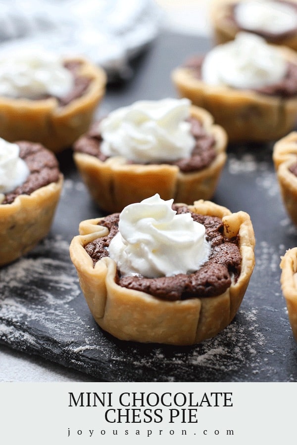 Mini Chocolate Chess Pie - easy dessert and sweet treat for the Thanksgiving and Christmas holidays, parties, showers, or any day! Yummy finger food and party food filled with warm, gooey, rich chocolate filling. With some portion control! via @joyousapron