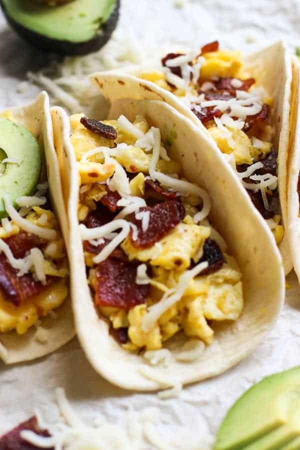 Soft tortilla filled with eggs, bacon and cheese