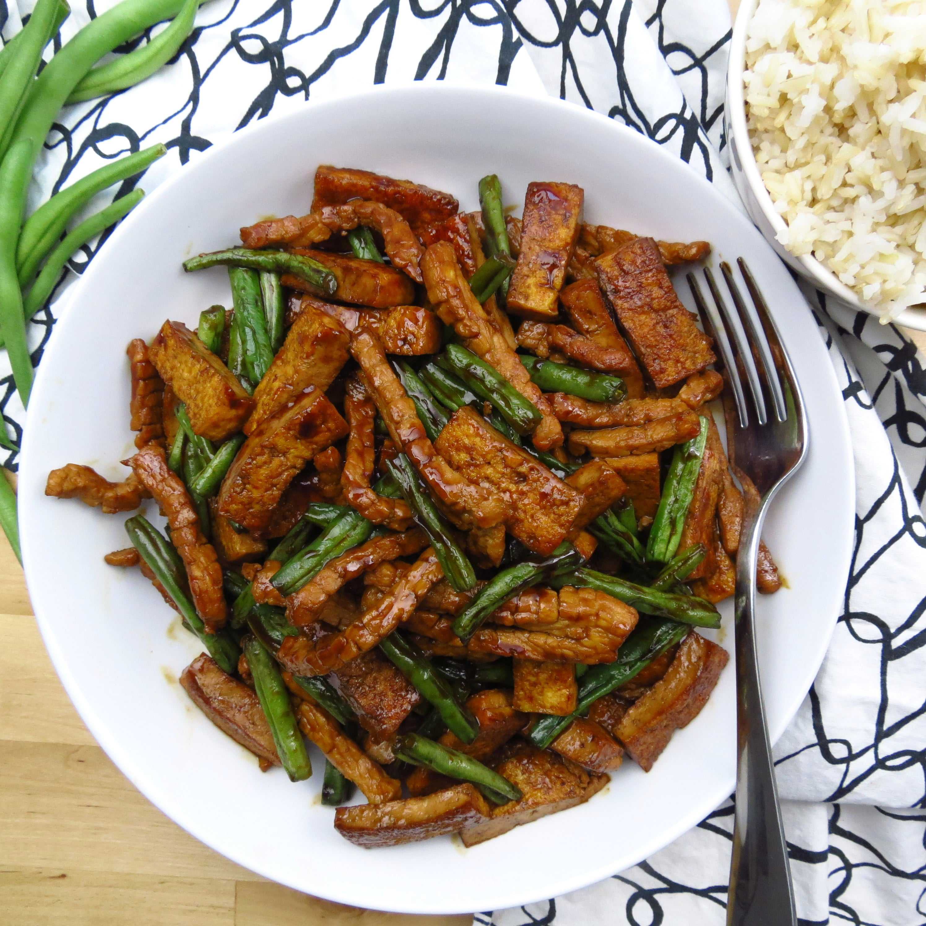 Honey Soy Tofu, Green Beans and Pork Stir Fry with Rice