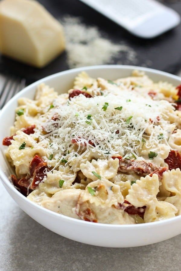 A bowl of Creamy Sun-dried Tomato Pasta with Chicken