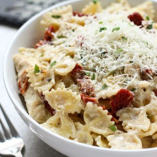 A bowl of Creamy Sun-dried Tomato Pasta with Chicken