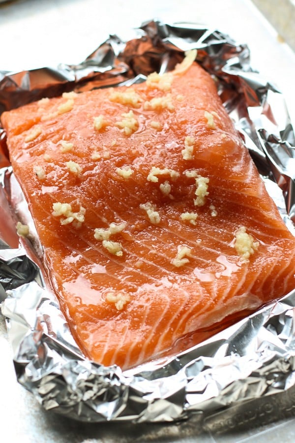 Uncooked salmon with seasoning for Baked Salmon Sushi Bowl