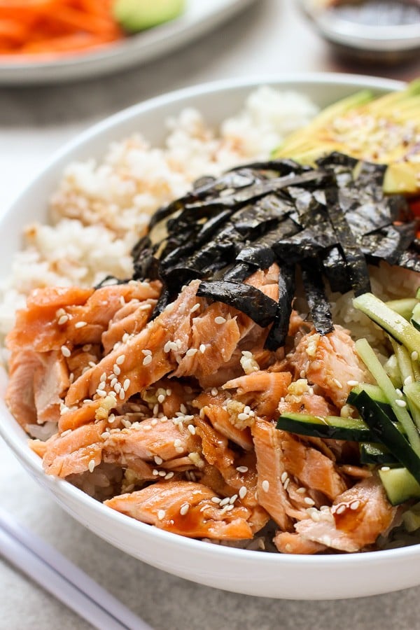 A bowl of Baked Salmon Sushi Bowl