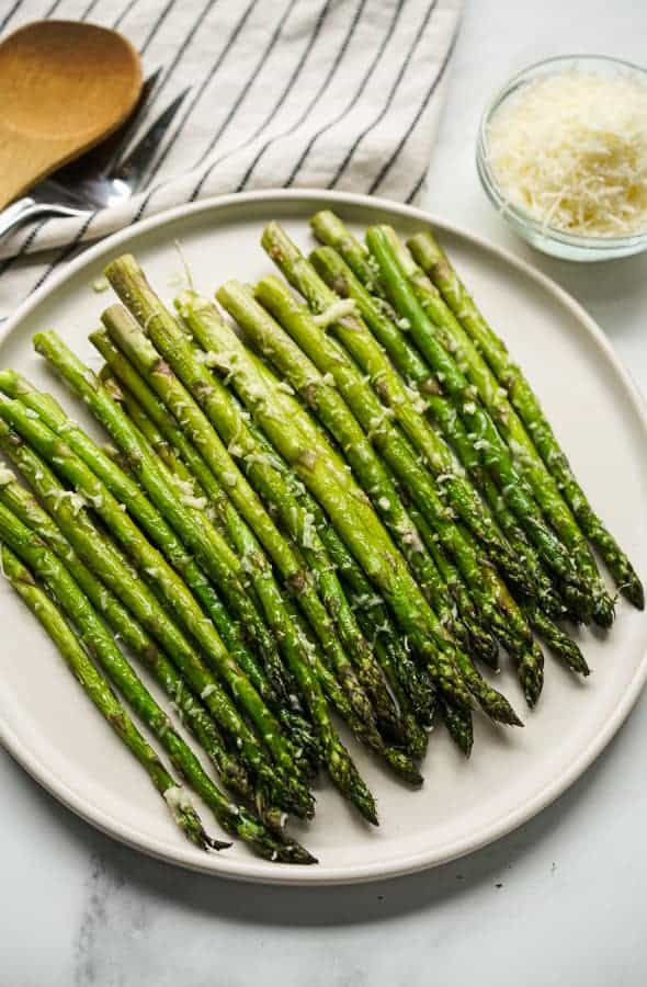 Top down view of Easy Garlic Parmesan Asparagus