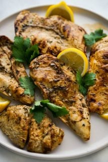 A plate of Lemon Balsamic Grilled (Or Pan Fried) Chicken