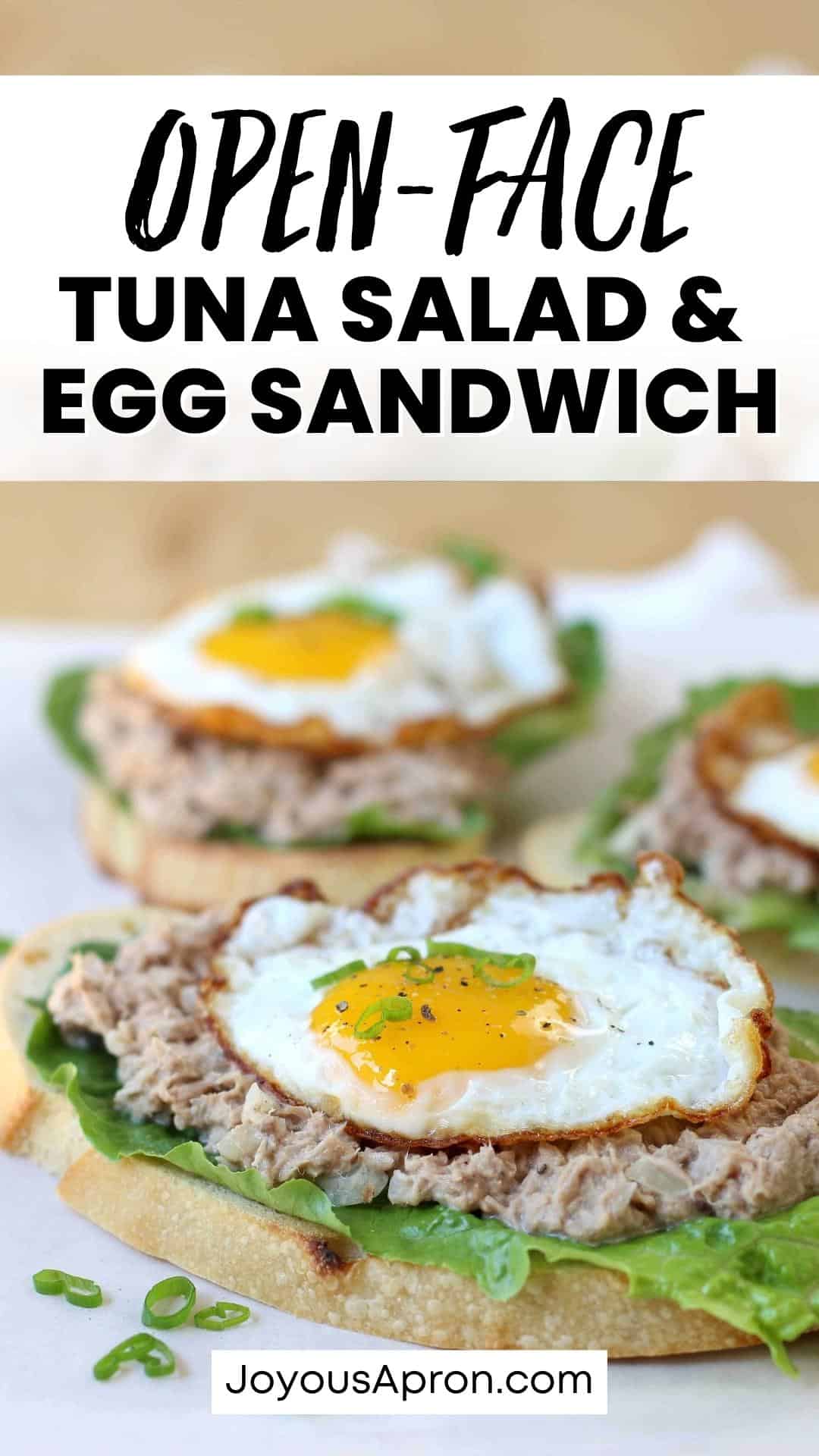 Open Face Tuna Salad and Fried Egg Sandwich - The perfect easy and quick lunch! Sourdough bread topped with lettuce, tuna salad and a fried egg. via @joyousapron