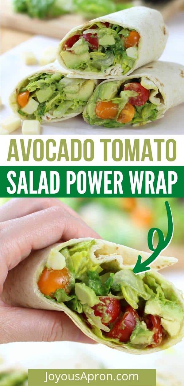 Avocado Tomato Salad Power Wrap - Healthy and easy salad in wrap form! An avocado, cherry tomato salad tossed in a delicious avocado lime cilantro dressing, wrapped in a tortilla. Yum!! via @joyousapron