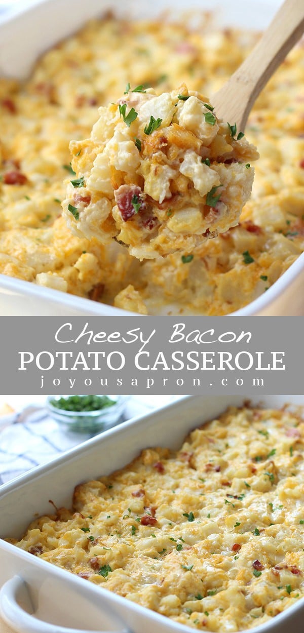 Potato Bacon Casserole - easy creamy potato side dish perfect for holidays and potlucks, brunch or dinner! Delicious, melt-in-your-mouth hash brown potatoes are baked with bacon and lots of cheese in a casserole. via @joyousapron