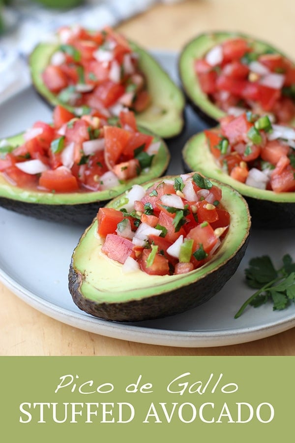 Pico de Gallo Stuffed Avocado - A healthy, easy and no cook Mexican and Tex-Mex side and appetizer for any meal! Great for Cinco de Mayo. Vegetarian and Vegan friendly. via @joyousapron