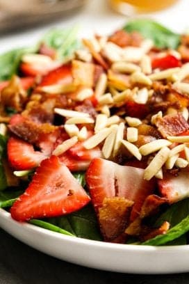 A bowl of Spinach Strawberry Bacon Salad