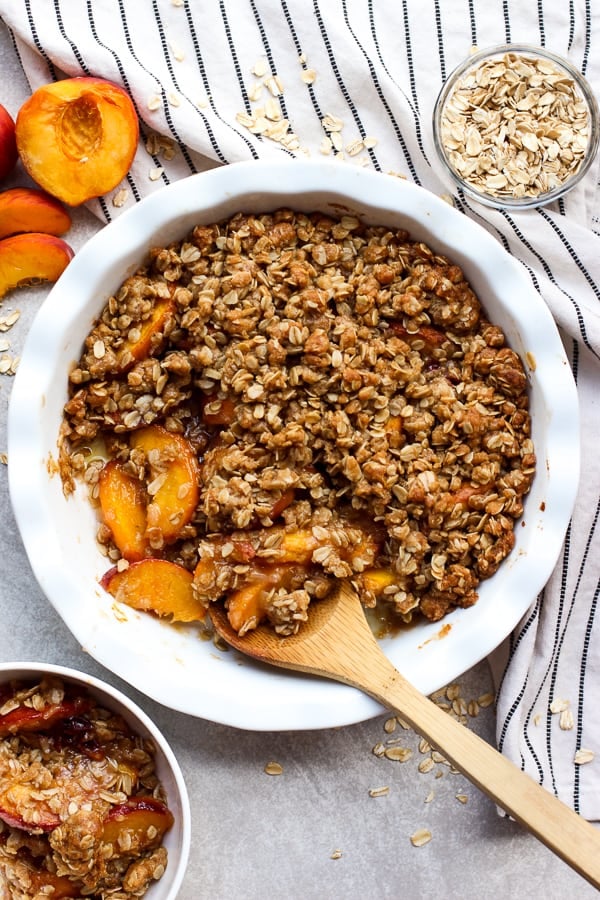 A round pan of Peach Crisp