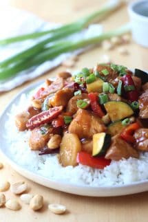 A plate of chicken in kung pao sauce