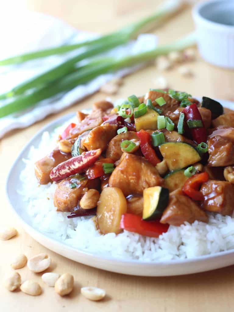 A plate of chicken in kung pao sauce