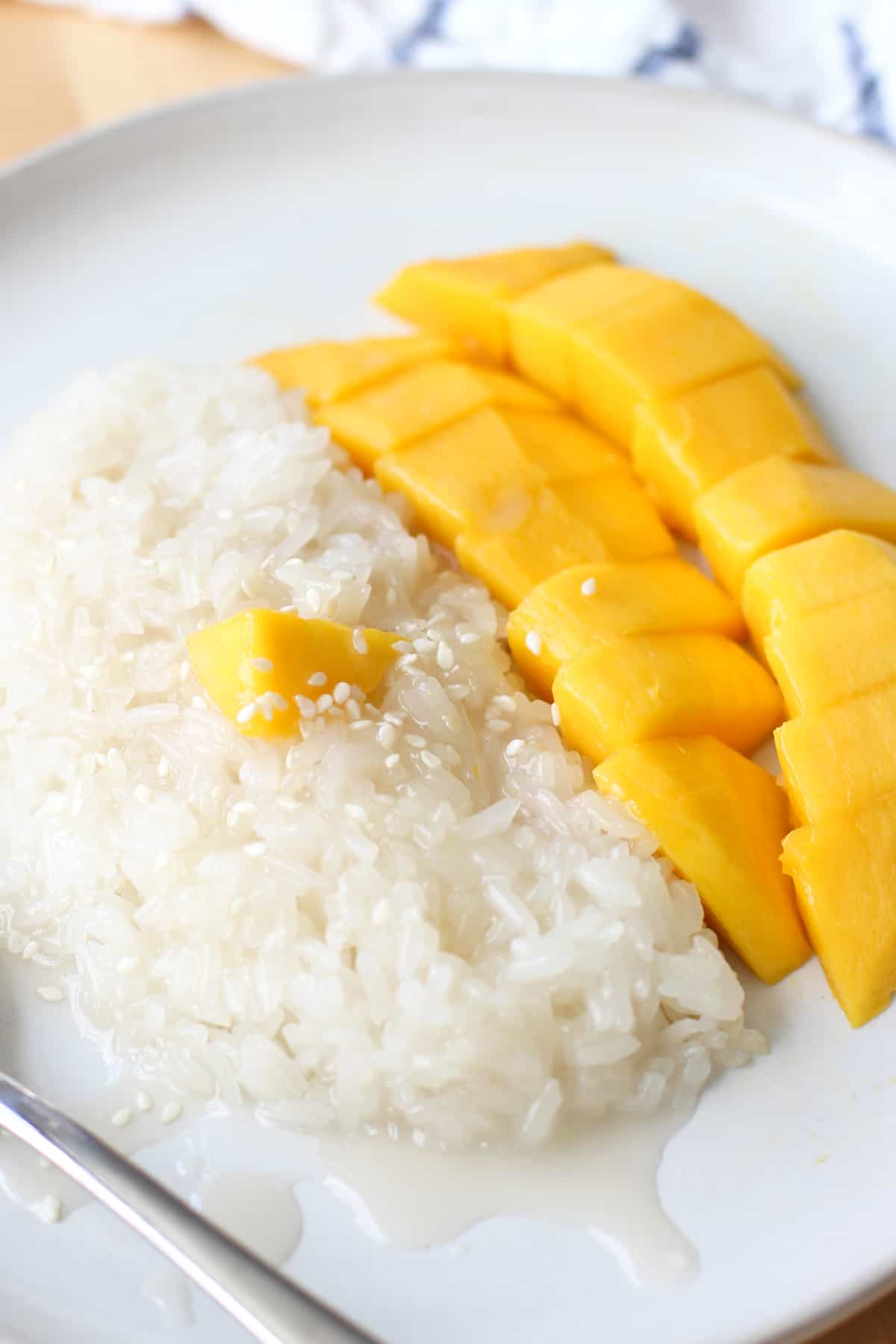 Sticky rice with fresh sliced mangoes and coconut sauce