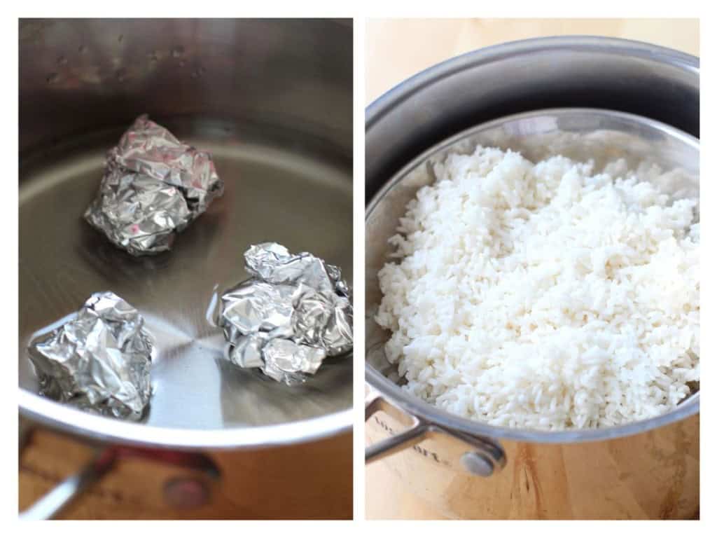 Aluminum balls are placed in a pot with shallow water, then a plate of rice is placed on top of the balls