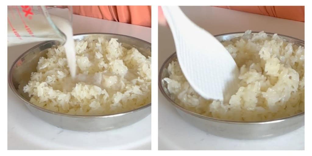 Adding coconut milk sauce to sticky rice and stirring it up