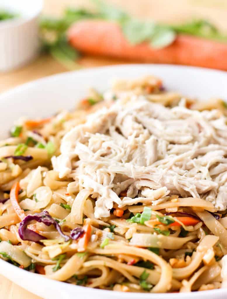 Thai noodle salad with shredded rotisserie chicken on top