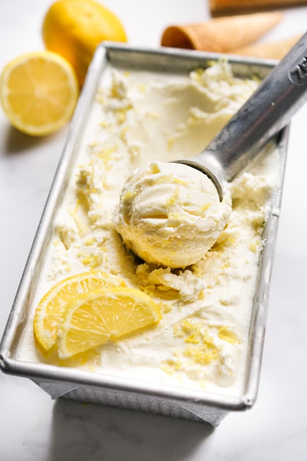 Scooping Lemon Ice Cream from a rectangular container
