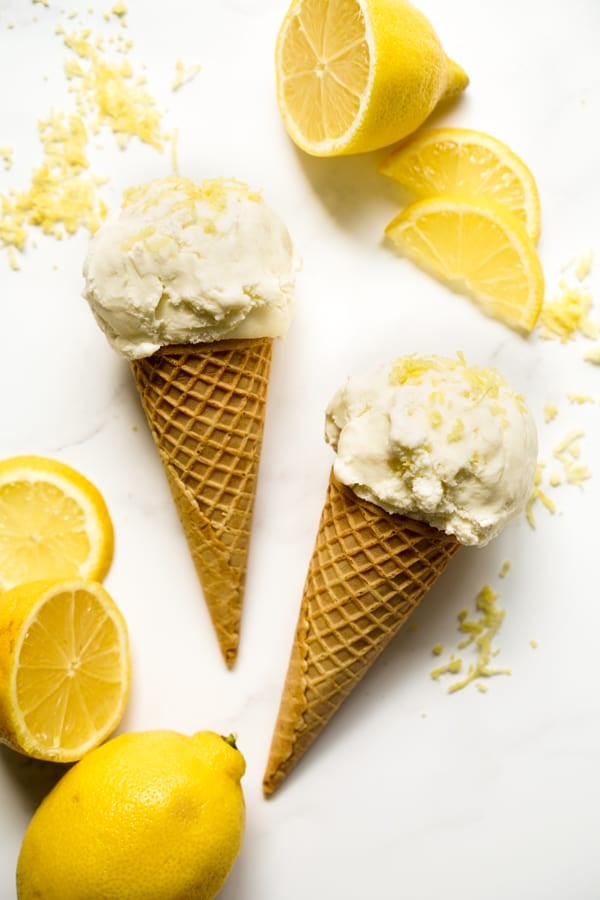 Lemon ice cream on two cones