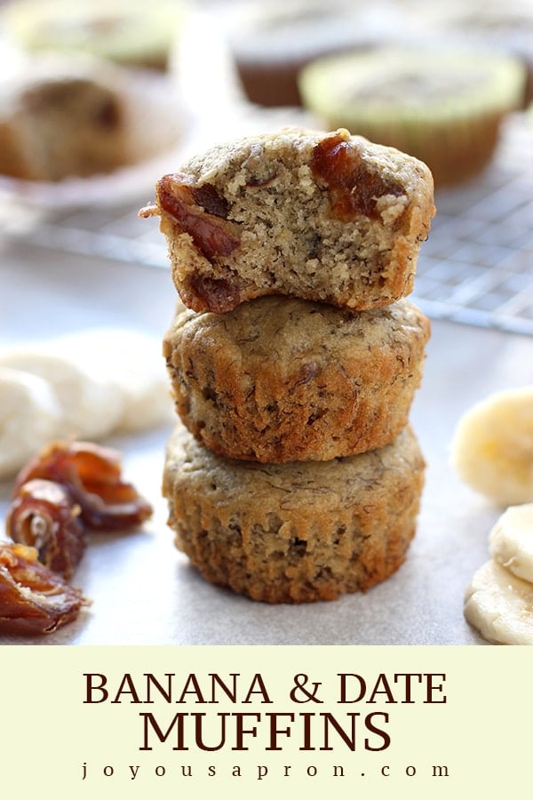 Banana and Date Muffins - Baked with coconut oil, these ultra moist and super fluffy banana muffins are filled with lots of gooey, warm, sweet dates. 30 minutes from start to finish! So easy and super delicious. The perfect breakfast, snack, healthy-ish dessert! via @joyousapron