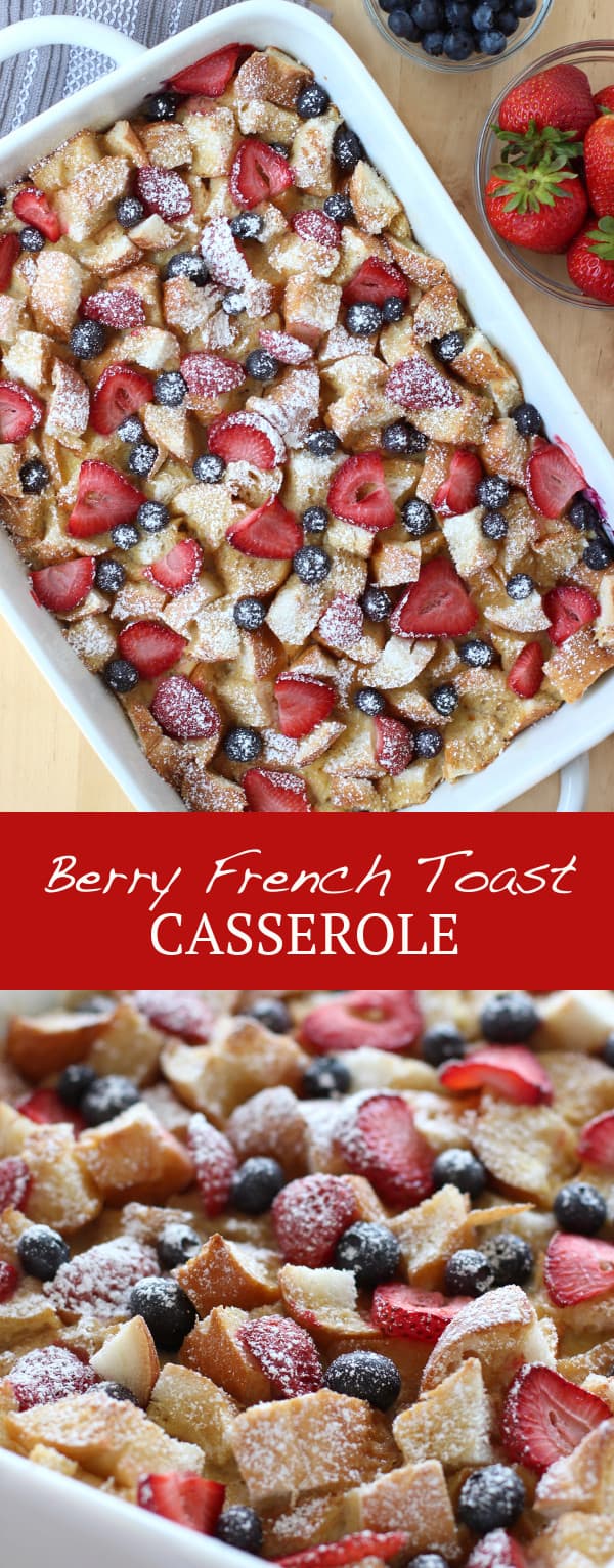 French Toast Casserole with Berries - delicious breakfast and brunch casserole. Make ahead overnight and bake in the morning! Baked French toast topped with strawberries and blueberries. Serve with maple syrup. via @joyousapron