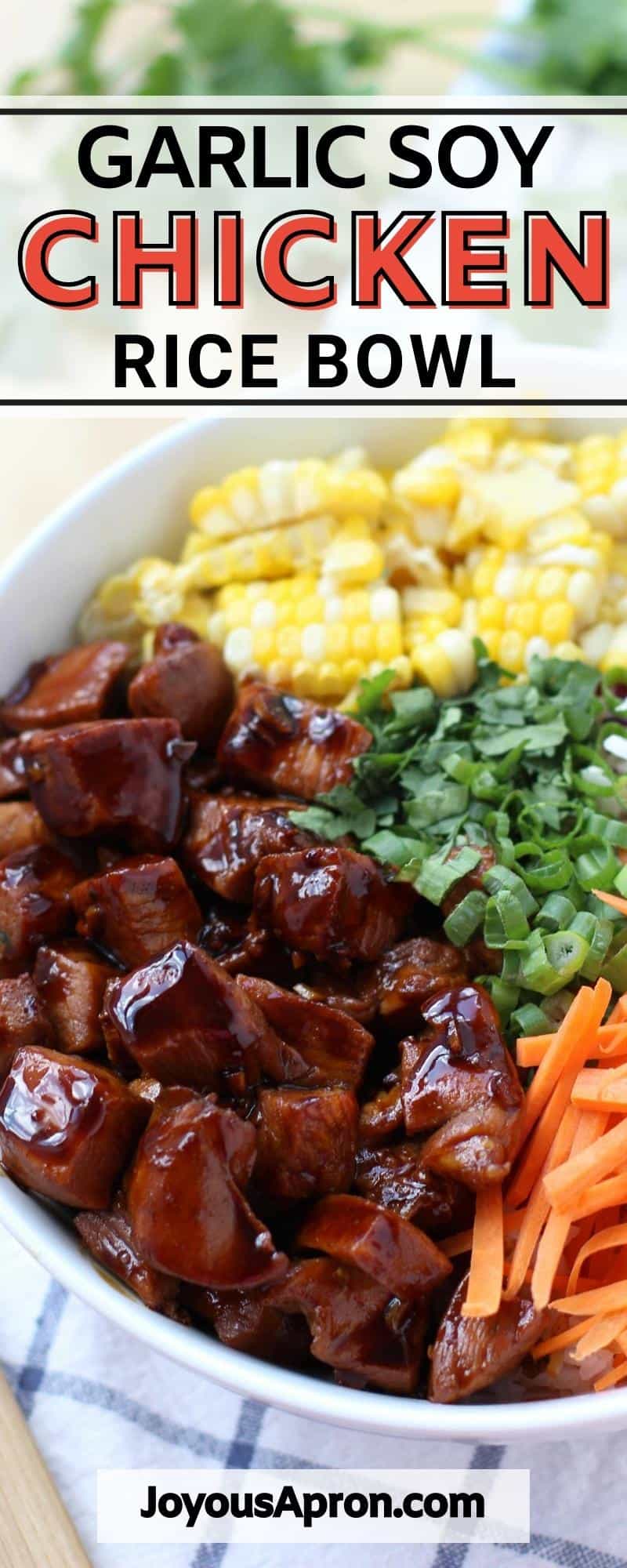 Garlic Soy Chicken and Veggie Rice Bowl - easy Asian bowl recipe! Rice bowl topped with diced white meat chicken, sautéed in a sticky, sweet and savory soy-based sauce. Combined with crunchy veggies, scallions, and cilantro. Healthy, easy and full of great flavors and textures! via @joyousapron