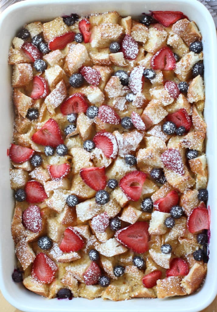 A top down pic of a casserole of Berry French Toast Casserole