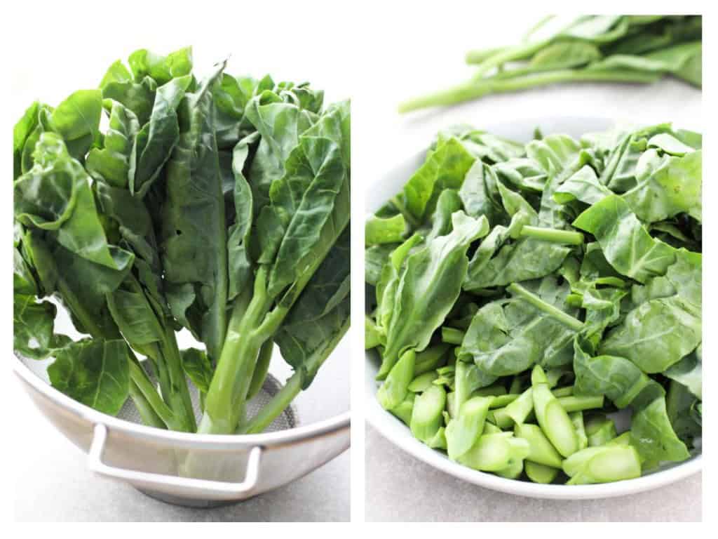 Before and after cutting up Chinese broccoli