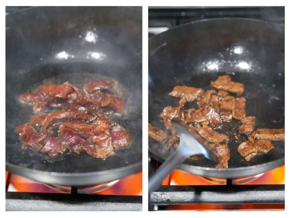 Searing sliced beef in the wok