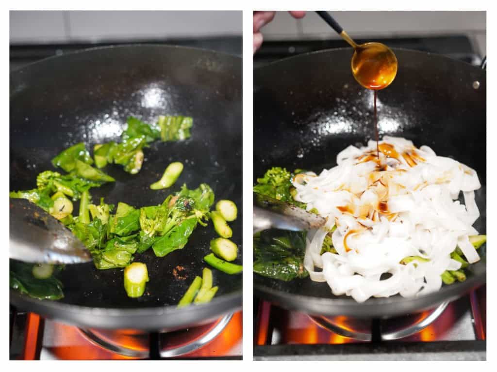 Stir frying Chinese broccoli, then adding noodles and sauce