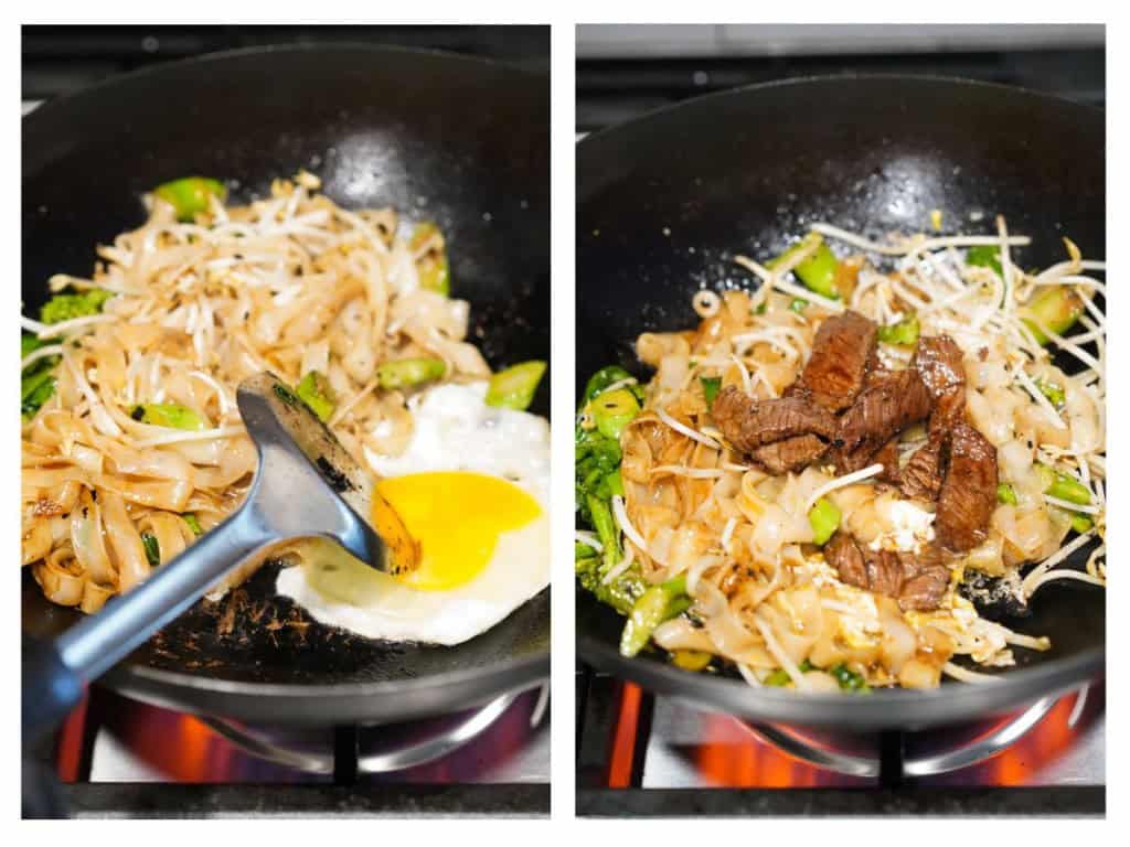 Scrambling egg then adding beef to pad see ew in the wok