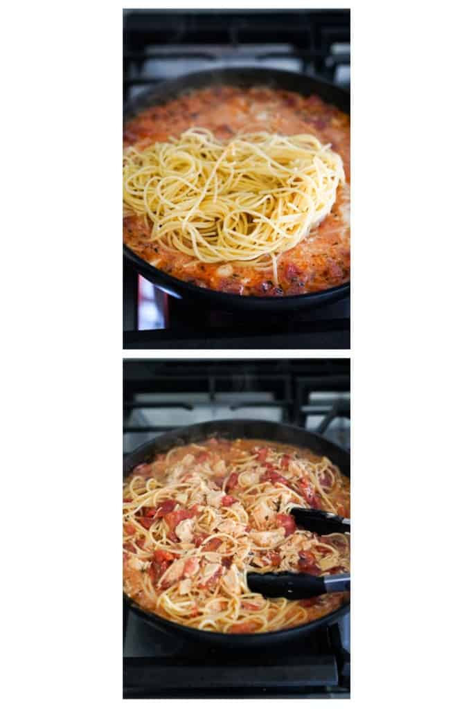 Adding cooked spaghetti, and tossing it in sauce using a pair of tongs
