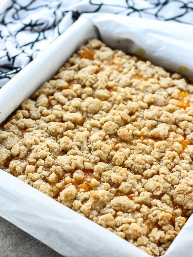 Mango Crumb Bars in the pan