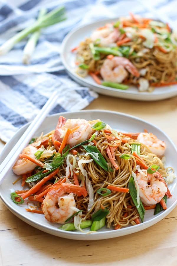 Two plates of Shrimp Stir Fried Noodles