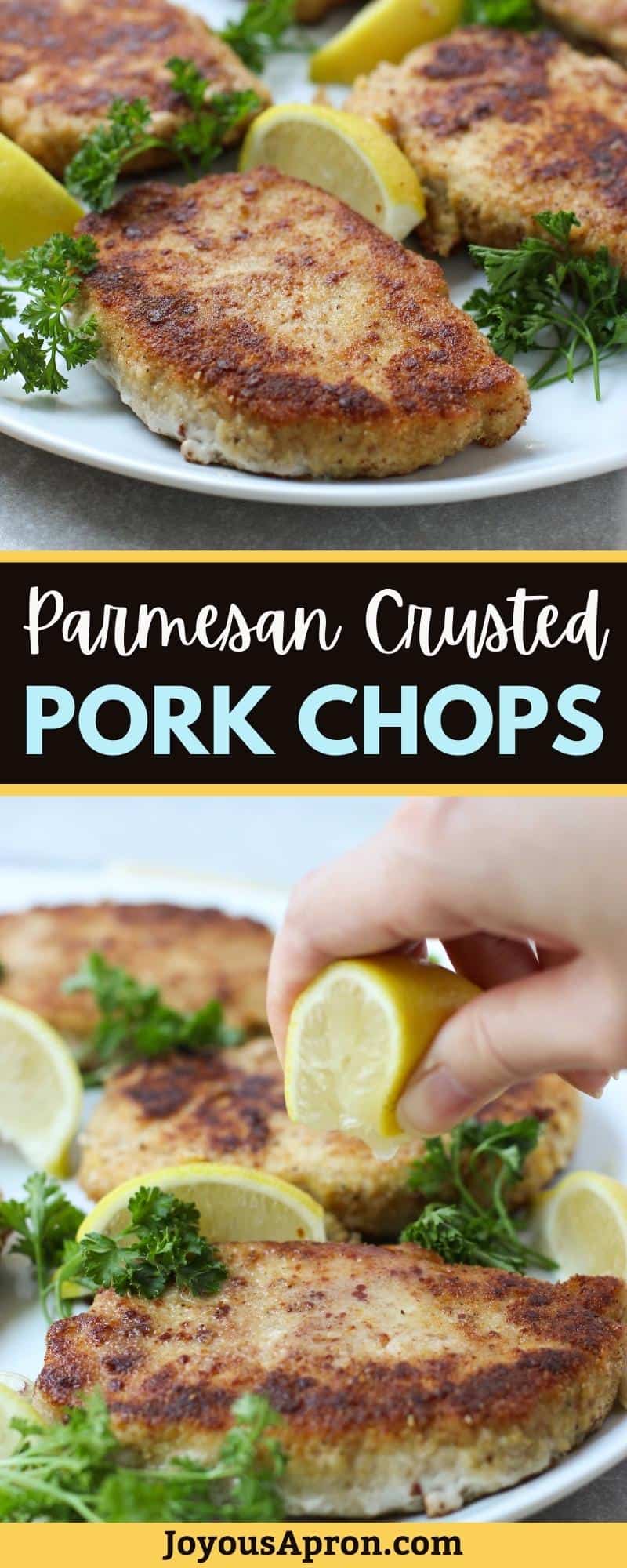 Lemon Butter Parmesan Crusted Pork Chops - easy pork chop recipe for dinner! Crispy, seasoned breaded pork chops are pan-fried, combined with flavors of butter and fresh lemon juice. via @joyousapron