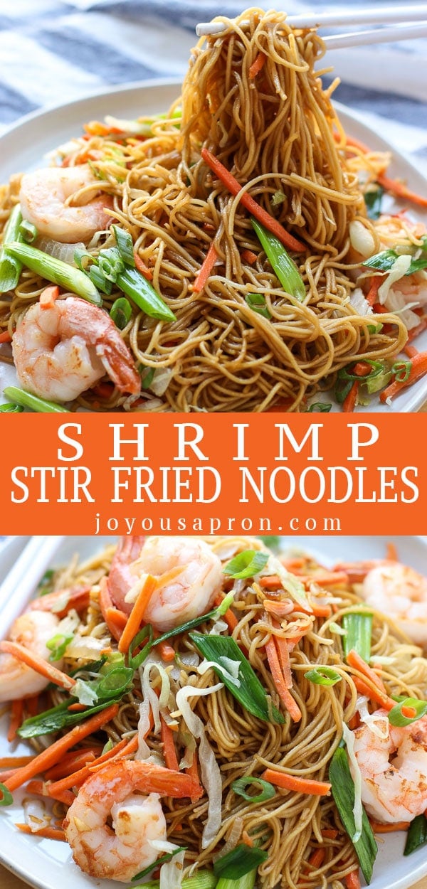 Shrimp Stir Fried Noodles - Easy Asian seafood stir fry noodle dish! Stir fried egg noodles tossed it a savory sweet sauce, veggies and succulent shrimp. via @joyousapron