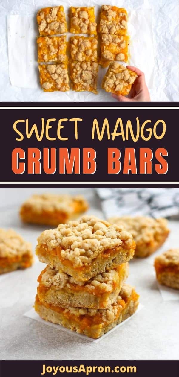 Mango Crumb Bars - Fresh, sweet, juicy mango dessert! Mango mixture sandwiched between two layers of crumbly, buttery pastry. These fruity bars are the perfect summer dessert, snack, or breakfast! via @joyousapron