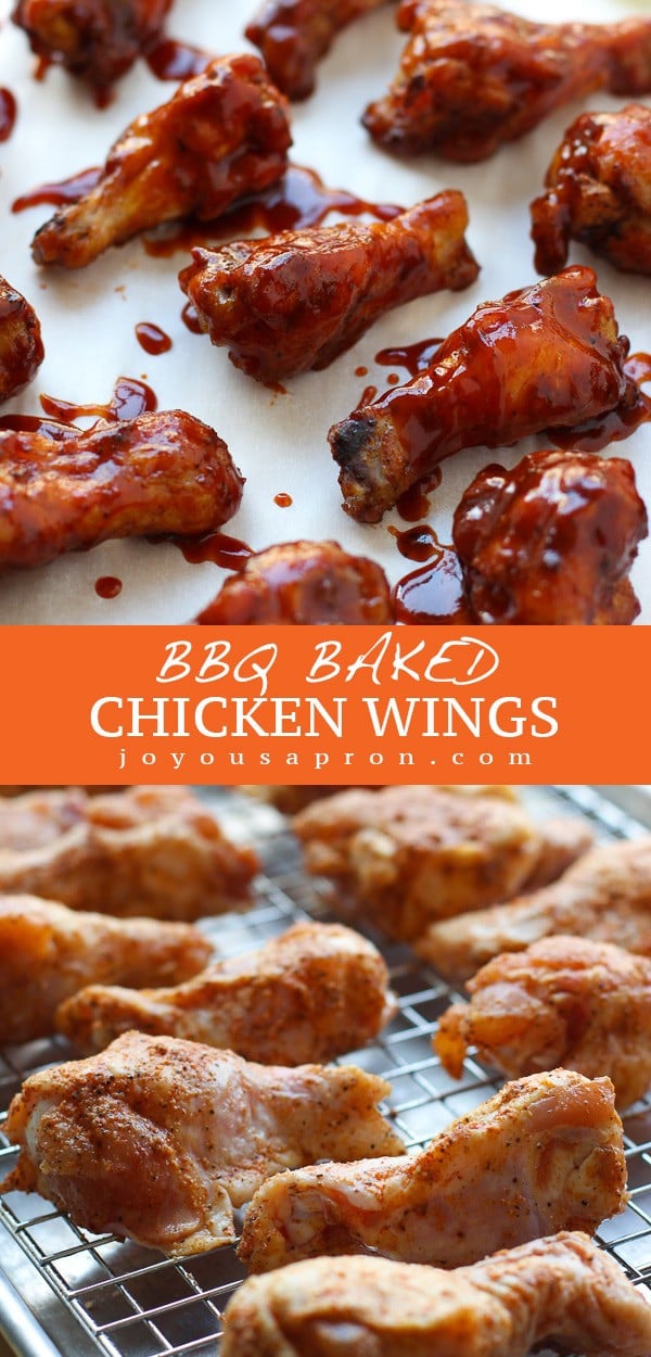 BBQ Baked Chicken Wings - these chicken wings are easy to make, baked AND crispy! Then smothered with BBQ sauce. The perfect appetizer or main course for parties, game day, any day! via @joyousapron