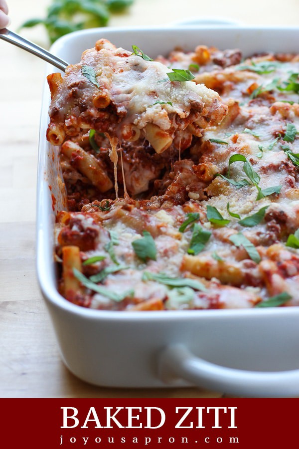 Baked Ziti - Ziti pasta baked with delicious ground beef meat sauce and ricotta cheese. An Italian comfort food recipe for busy weeknights, potlucks, and parties! via @joyousapron