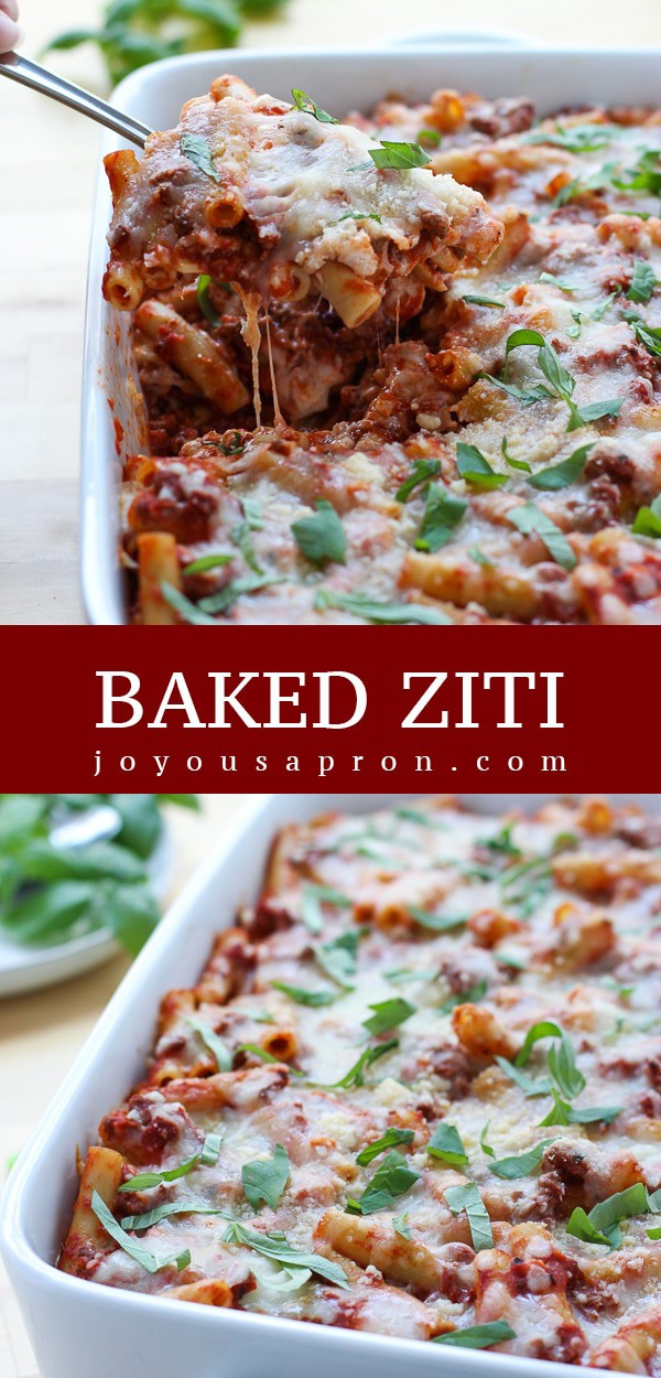 Baked Ziti - Ziti pasta baked with delicious ground beef meat sauce and ricotta cheese. An Italian comfort food recipe for busy weeknights, potlucks, and parties! via @joyousapron