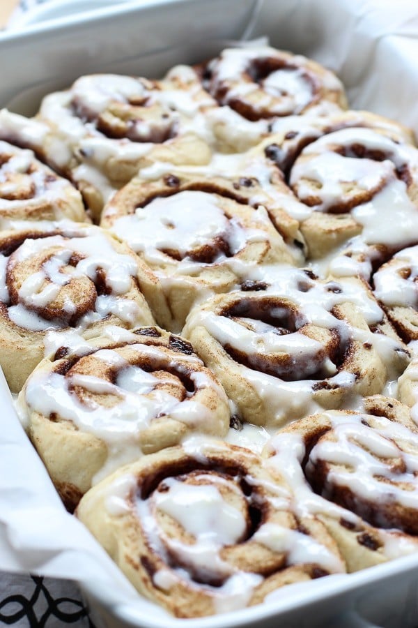 cinnamon rolls with raisins in a large casserole