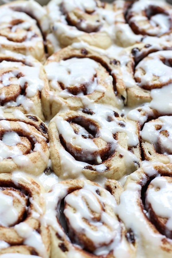 Cinnamon Raisin Rolls topped with sweet icing