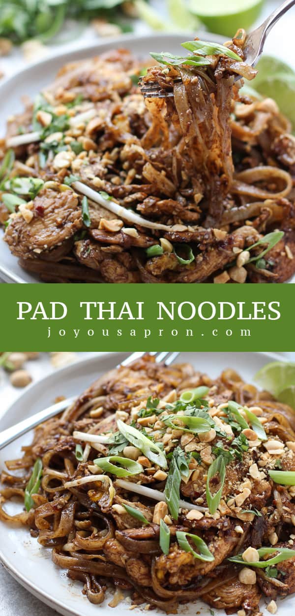 Pad Thai Noodles - A popular easy Thai stir fry noodle dish! Rice noodles tossed in a complex and unique savory, sweet, and sour sauce with a slight kick. So much great flavors and textures! via @joyousapron