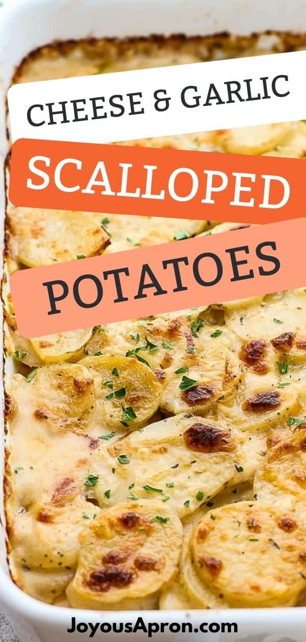 Cheesy Garlic Scalloped Potatoes - A great easy side dish for the holidays or any day! Tender and soft sliced potatoes baked to perfection and in a creamy, velvety, garlicky cheese sauce. Comfort food for the soul. via @joyousapron