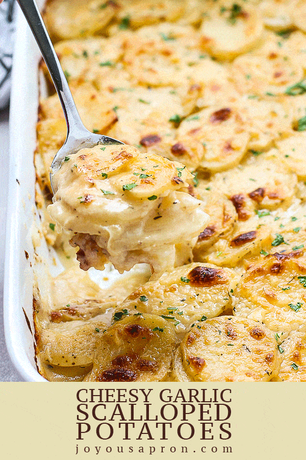Cheesy Garlic Scalloped Potatoes - A great easy side dish for the holidays or any day! Tender and soft sliced potatoes baked to perfection and in a creamy, velvety, garlicky cheese sauce. Comfort food for the soul. via @joyousapron