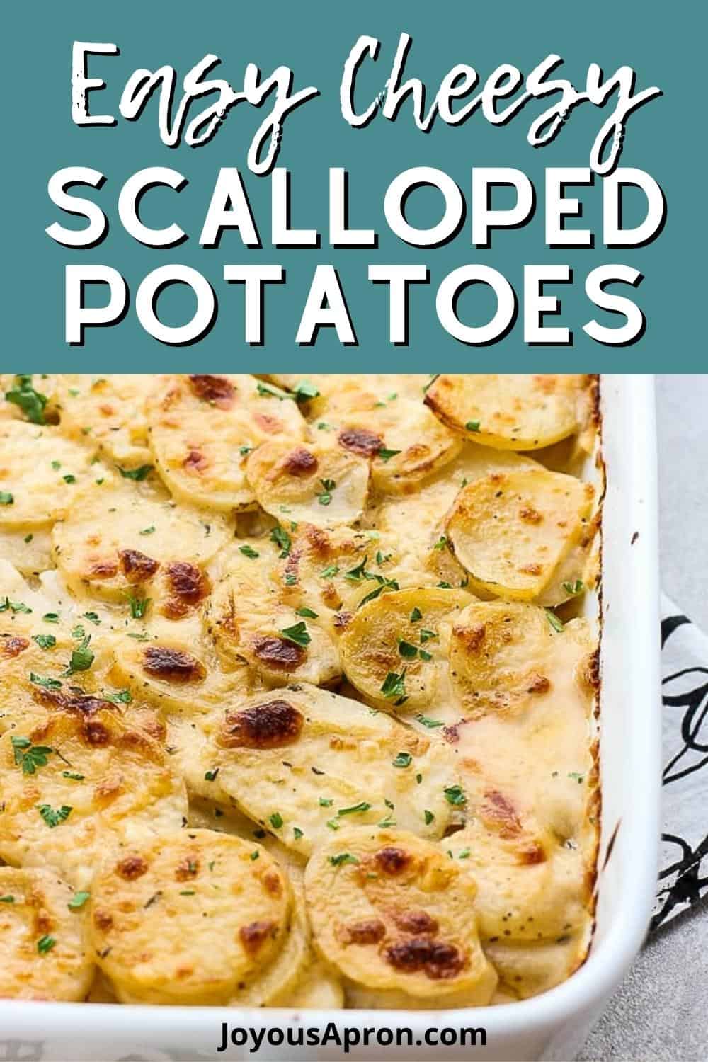 Cheesy Garlic Scalloped Potatoes - A great easy side dish for the holidays or any day! Tender and soft sliced potatoes baked to perfection and in a creamy, velvety, garlicky cheese sauce. Comfort food for the soul. via @joyousapron