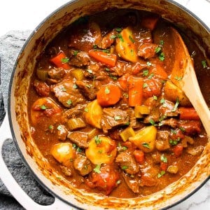 Closeup of a pot of beef stew